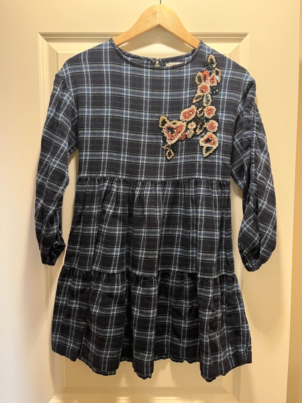 Zara Navy Plaid Tiered Dress with Sequin Floral Applique